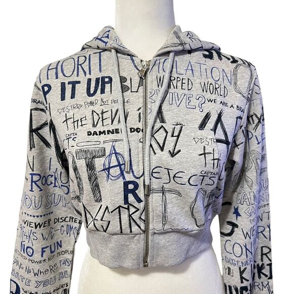 MOSCHINO COUTURE New!! Iconic Streetwear Design Gray Crop Sz Small Zip Sweatshir - Picture 7 of 15